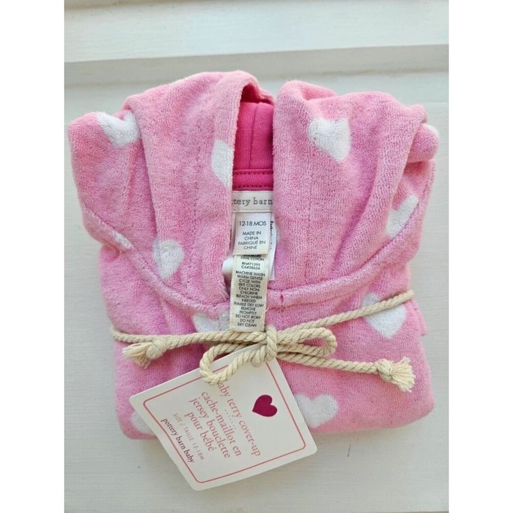 NWT Pottery Barn Kids Baby Terry Swim Cover-Up | Pink Heart | 12-18M